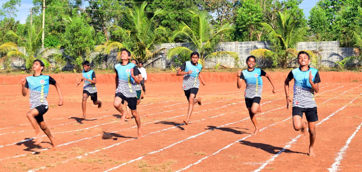Athletics sprint on the school track at Sri Ramakrishna International Residential School, M.L. Halli, Sagar, Shivamogga