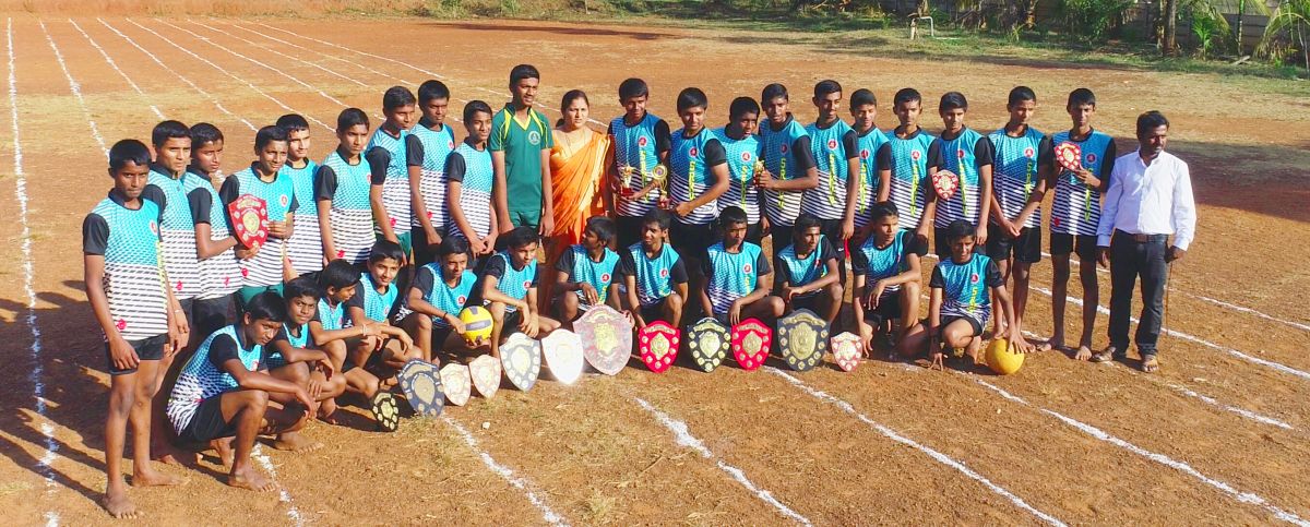 School sports team with trophies at Sri Ramakrishna International Residential School, M.L. Halli, Sagar, Shivamogga
